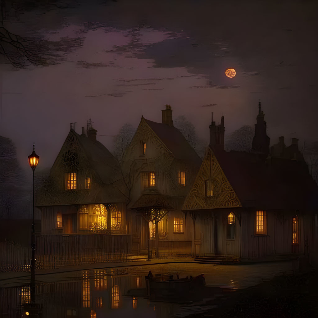 Twilight Tudor-style houses by river with lamp post, boat, purple sky