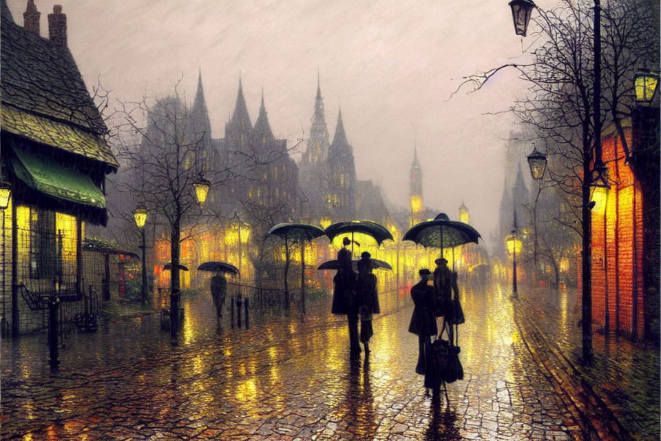 Rainy cobblestone street with people and umbrellas under warm street lights.