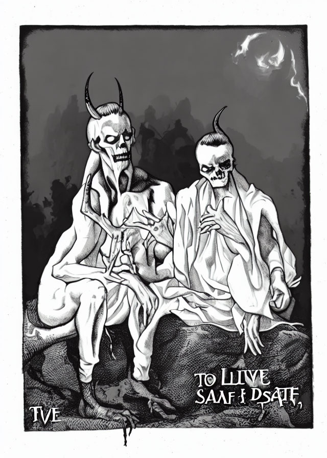 Monochrome illustration of skeletal figures with horns, draped in cloth, in a smoky ambiance.