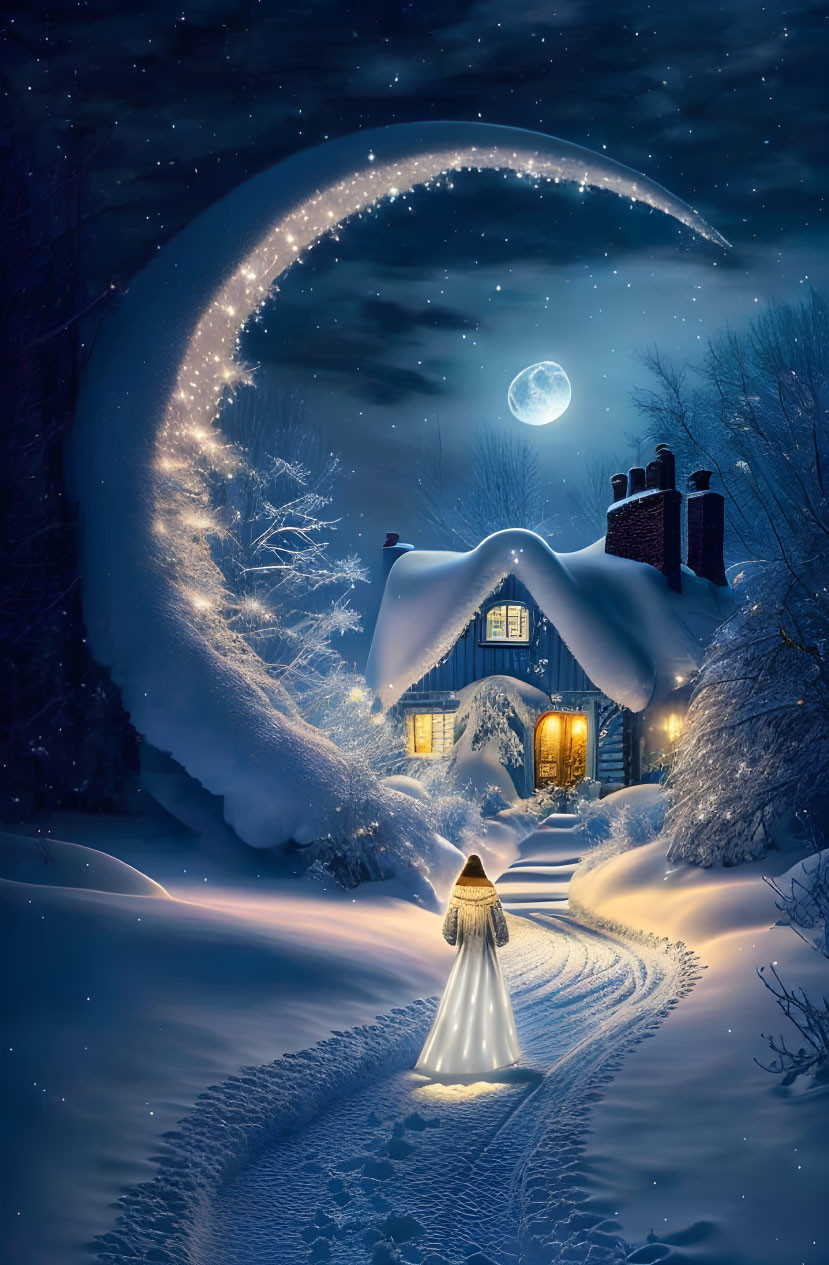 Winter night scene: Cloaked figure walking to cozy cottage under starry sky