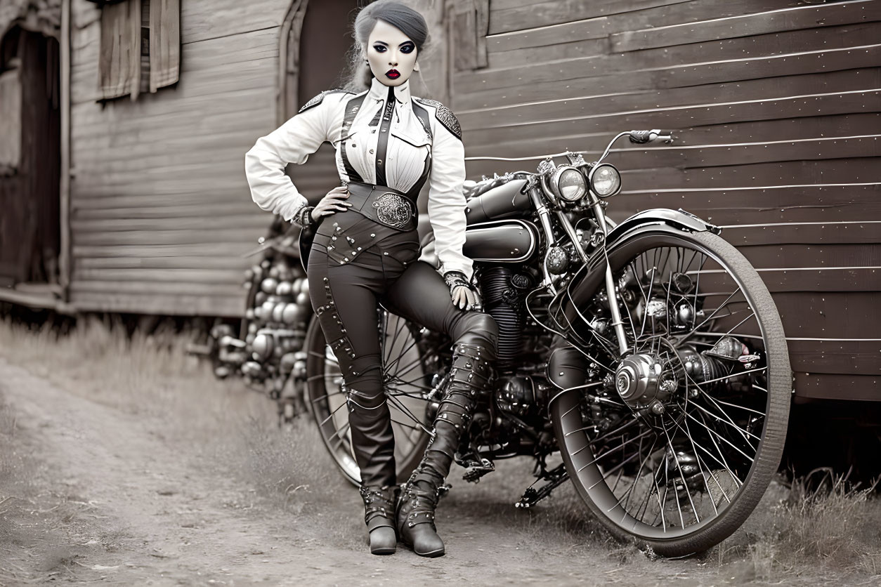 Monochrome stylized woman with vintage motorcycle by wooden wall