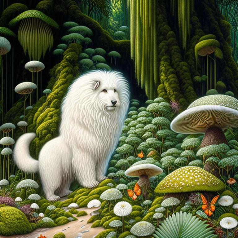 Fluffy White Dog Among Oversized Mushrooms in Mystical Forest