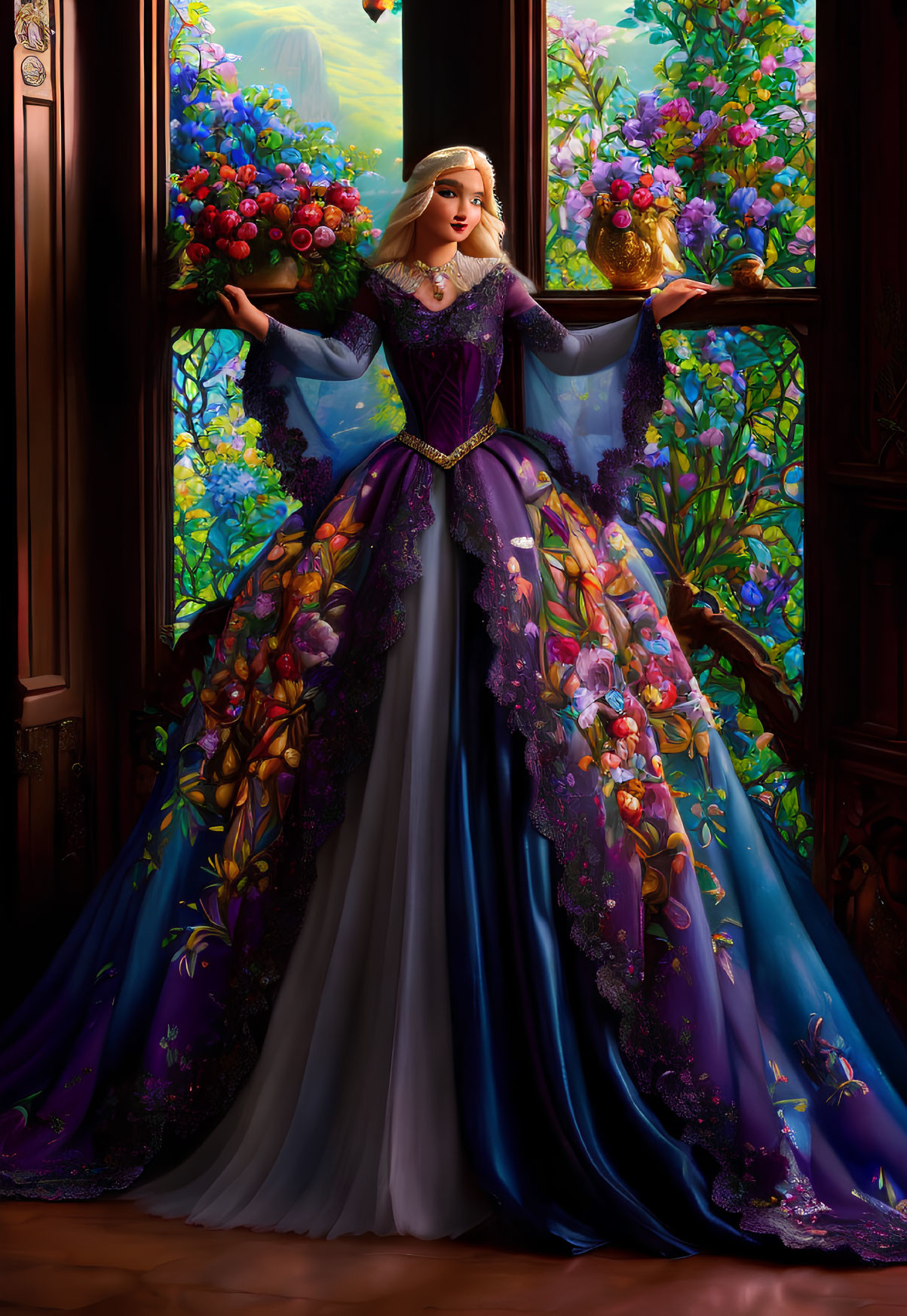 Woman in floral gown by window with vibrant flowers and stained glass sunlight.