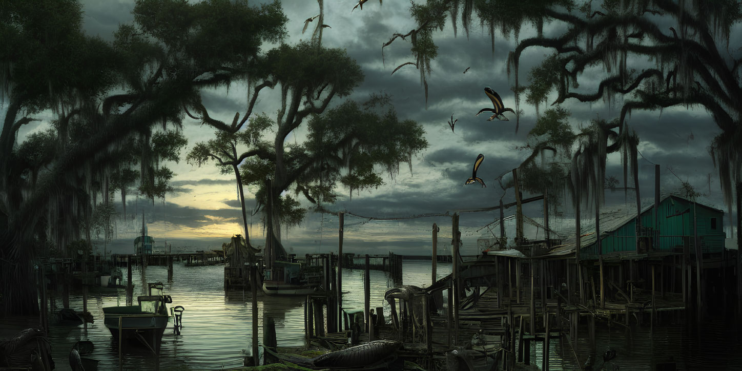 Tranquil dusk scene at bayou with moss-draped trees, rustic dock, cabin on