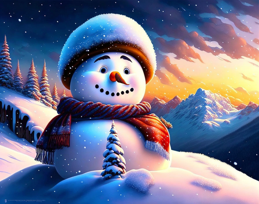 Cartoon snowman in hat and scarf with snowy landscape and mountains at twilight