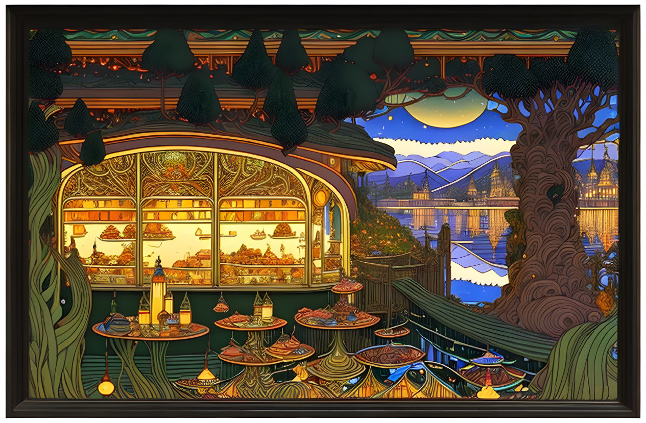 Pastry shop window with desserts, mountain and lake view at night