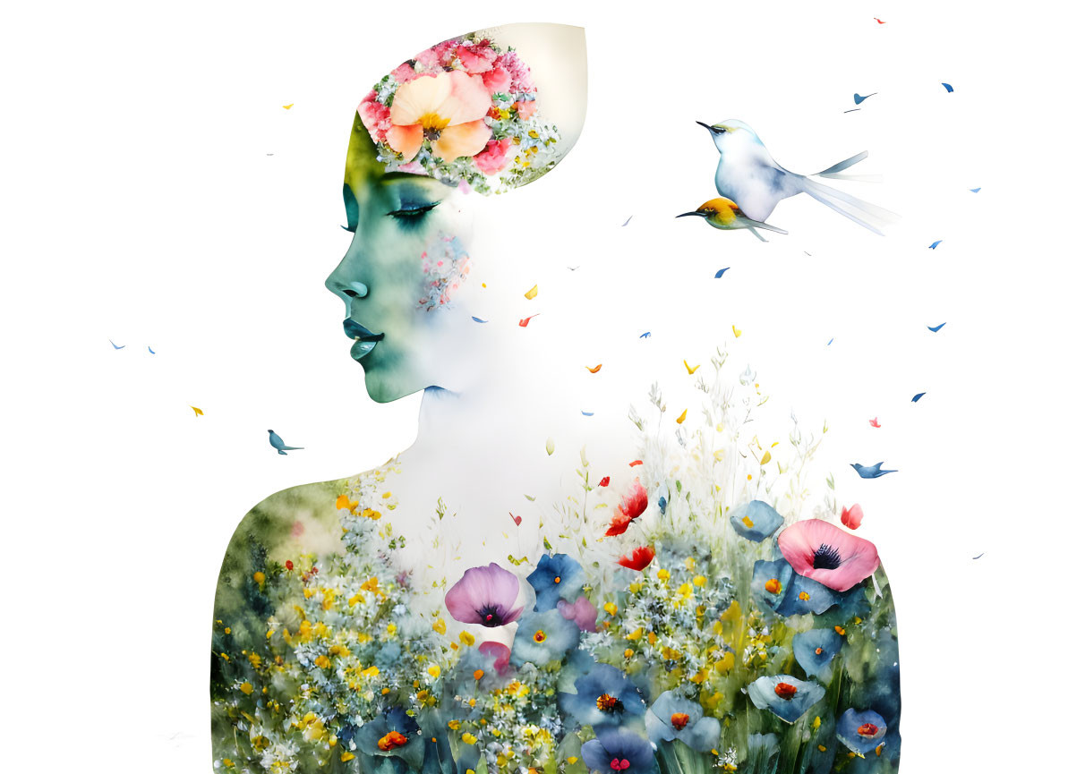 Woman's head opens to reveal flowers, birds, and butterflies