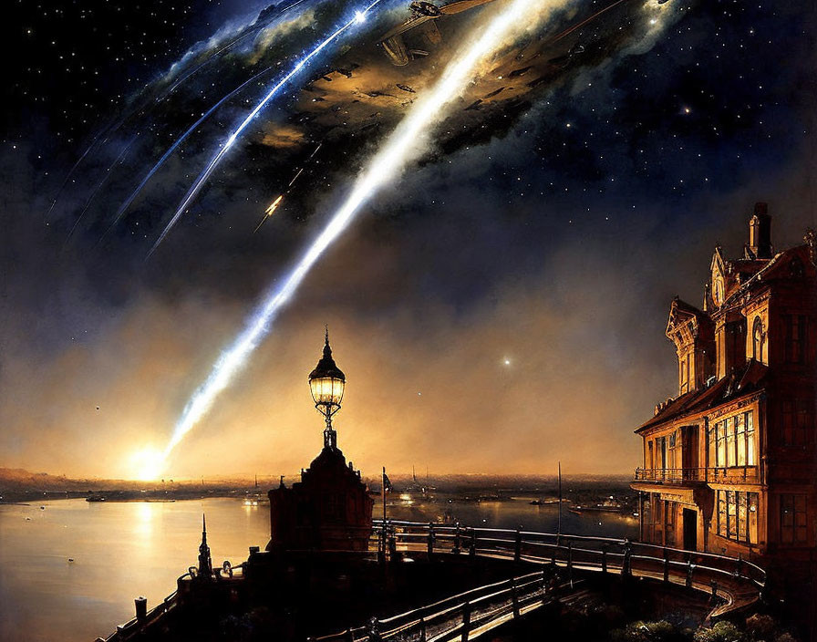 Victorian-style waterfront building with comet and spaceship at dusk