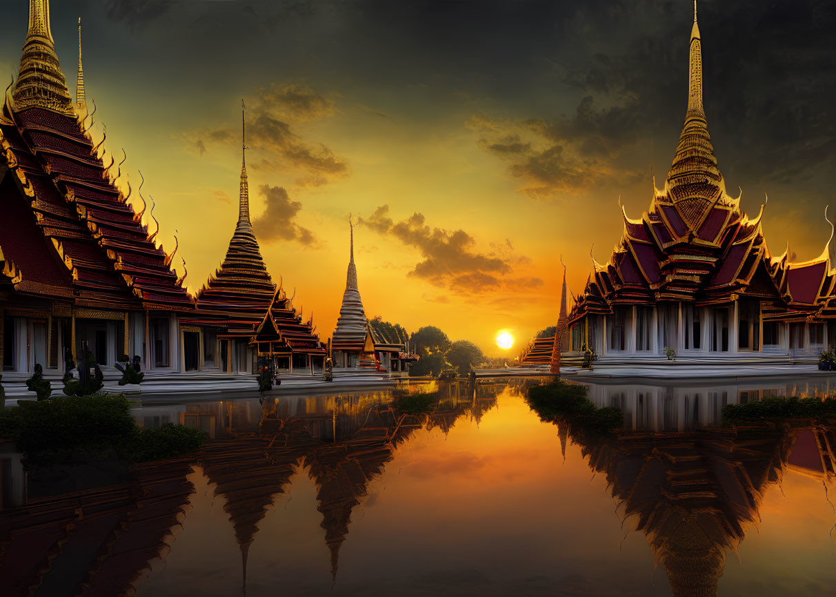 Golden spired Thai temples at sunset with reflections in water