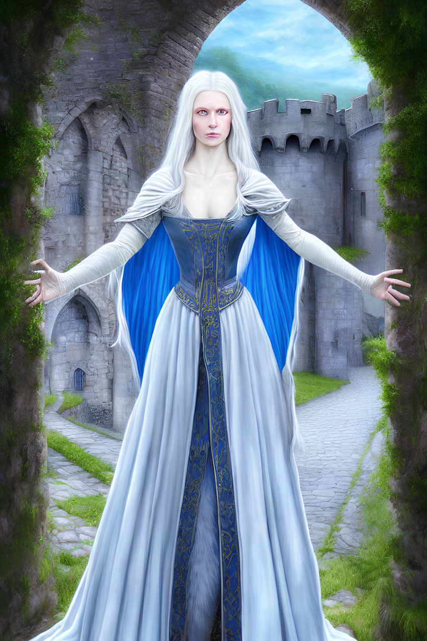 Regal woman with long white hair in blue and gold gown by ancient stone castle