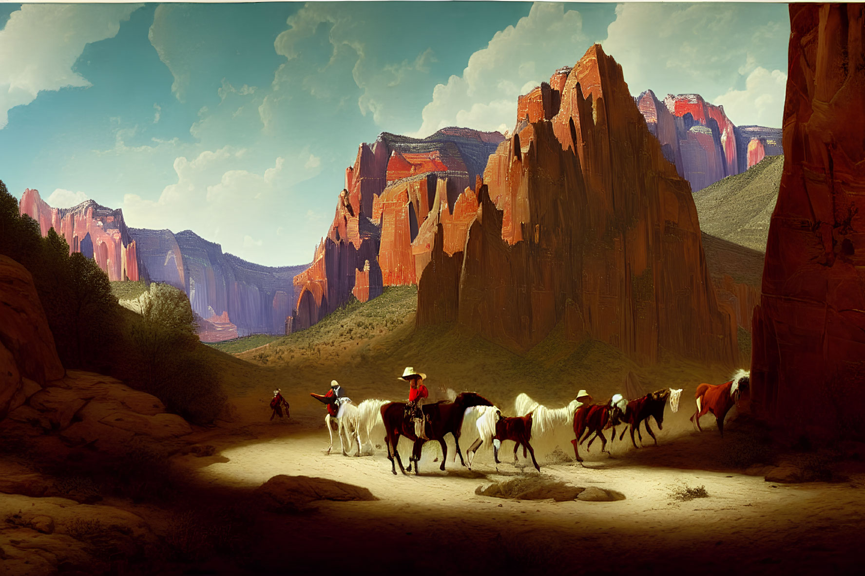 Cowboys herding cattle in desert valley with red rock formations