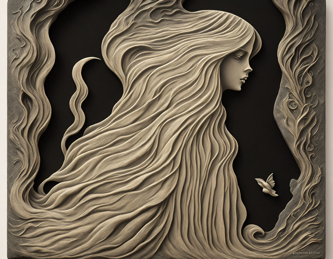 Monochrome bas-relief art: Woman profile with flowing hair and butterfly, intricate textures