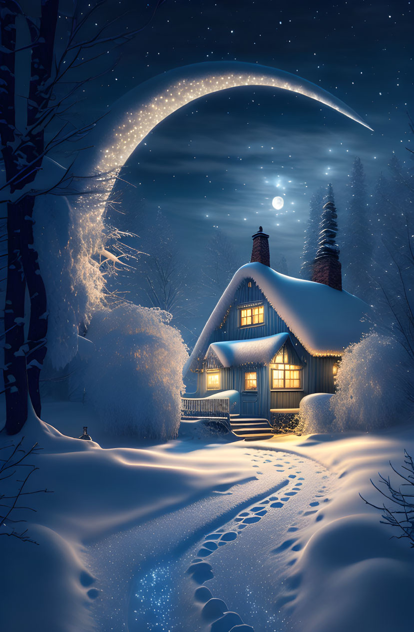 Snowy Landscape with Cozy Cottage and Crescent Moon