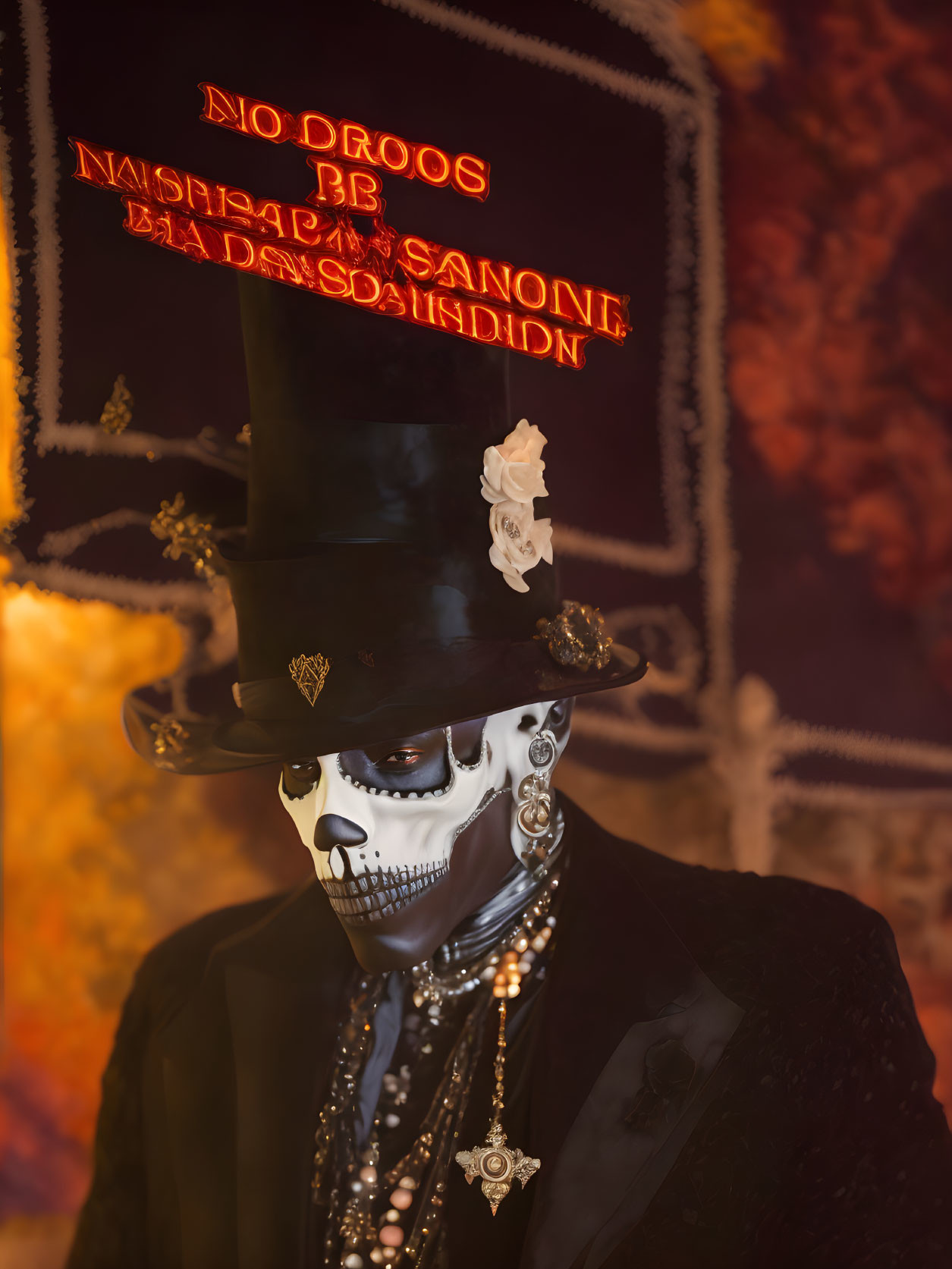 Skeleton Makeup in Victorian Outfit with Top Hat & Occult Jewelry