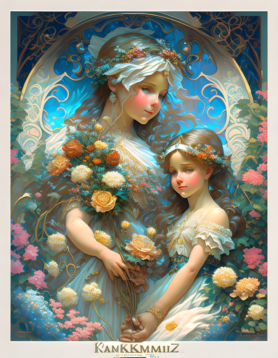 Ethereal digital art: Two females in floral attire with nature motifs