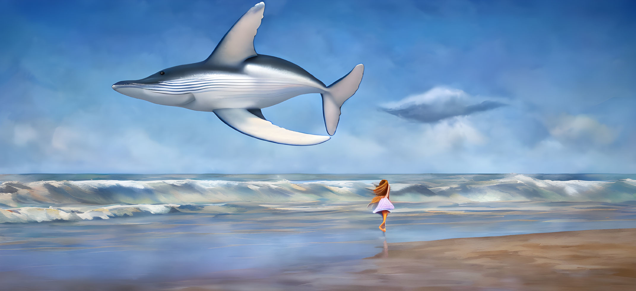 Surreal image of girl and floating whale on beach