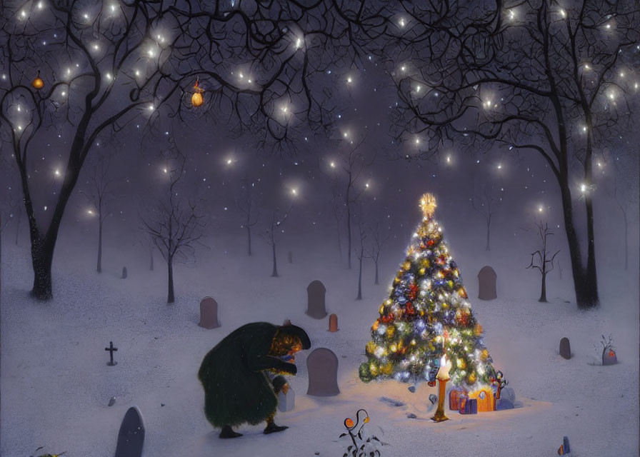 Person in coat decorates glowing Christmas tree in snowy cemetery at night