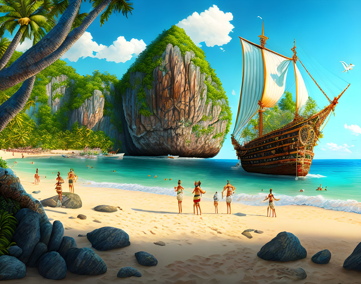 Beach scene with ship, palm trees, cliffs, and people