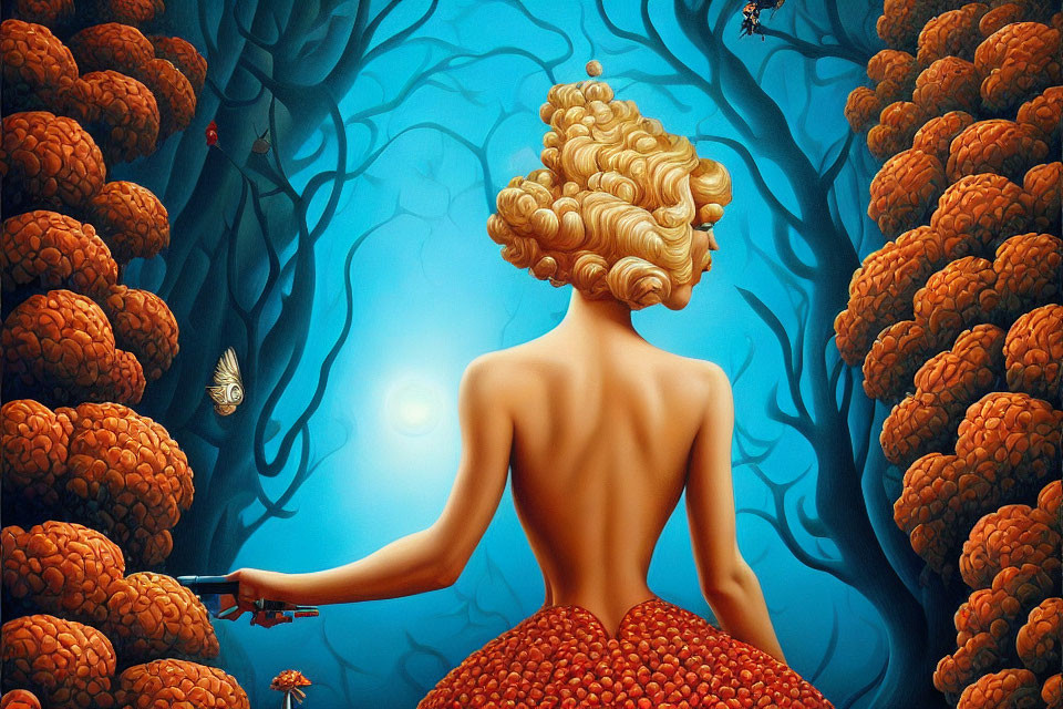 Surreal Illustration: Woman with Golden Hair in Red Rose Dress in Blue Forest