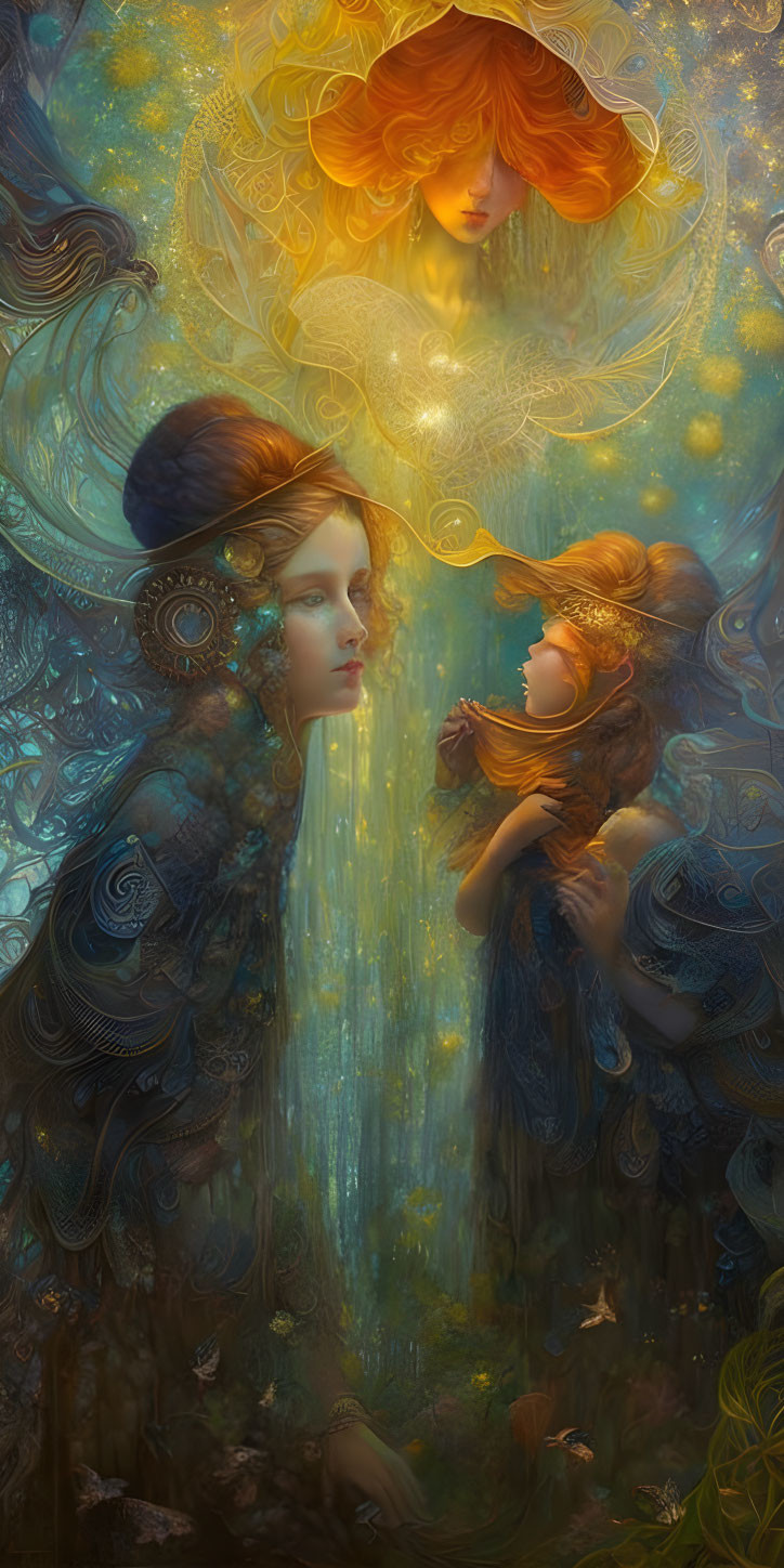 Fantastical image of three ethereal female figures in mystical forest setting