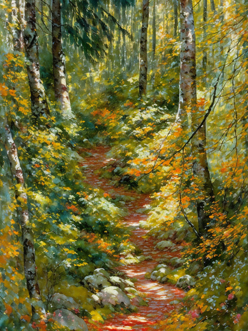 Autumn forest path with birch trees and dappled sunlight