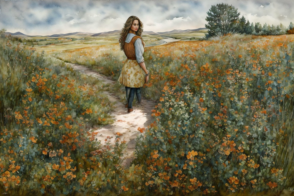 Woman with long hair among orange wildflowers on path with hills and cloudy sky