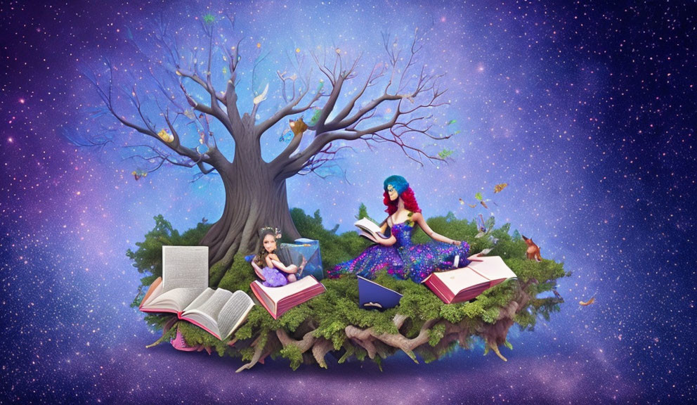 Whimsical illustration of two women reading under a large tree with floating books