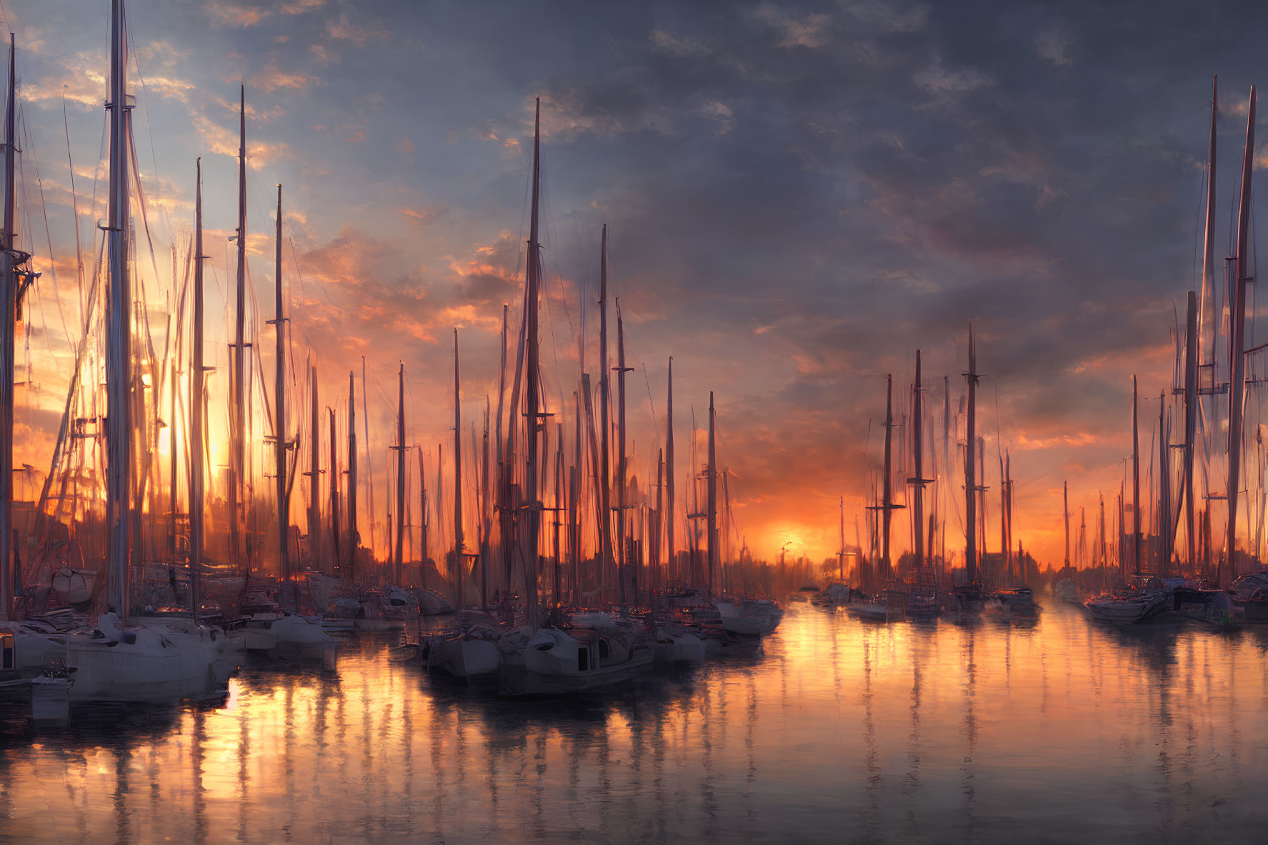 Sailboats in serene marina under dramatic sunset sky