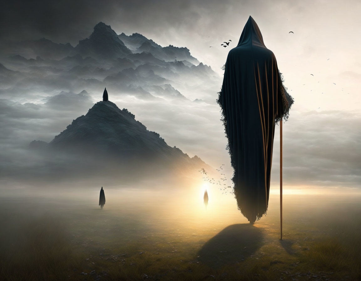 Surreal landscape with floating islands and giant cloaked figure