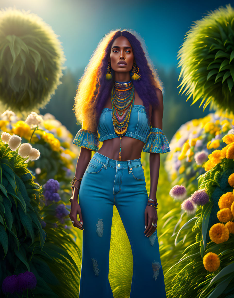 Voluminous hair woman in denim surrounded by vibrant flowers