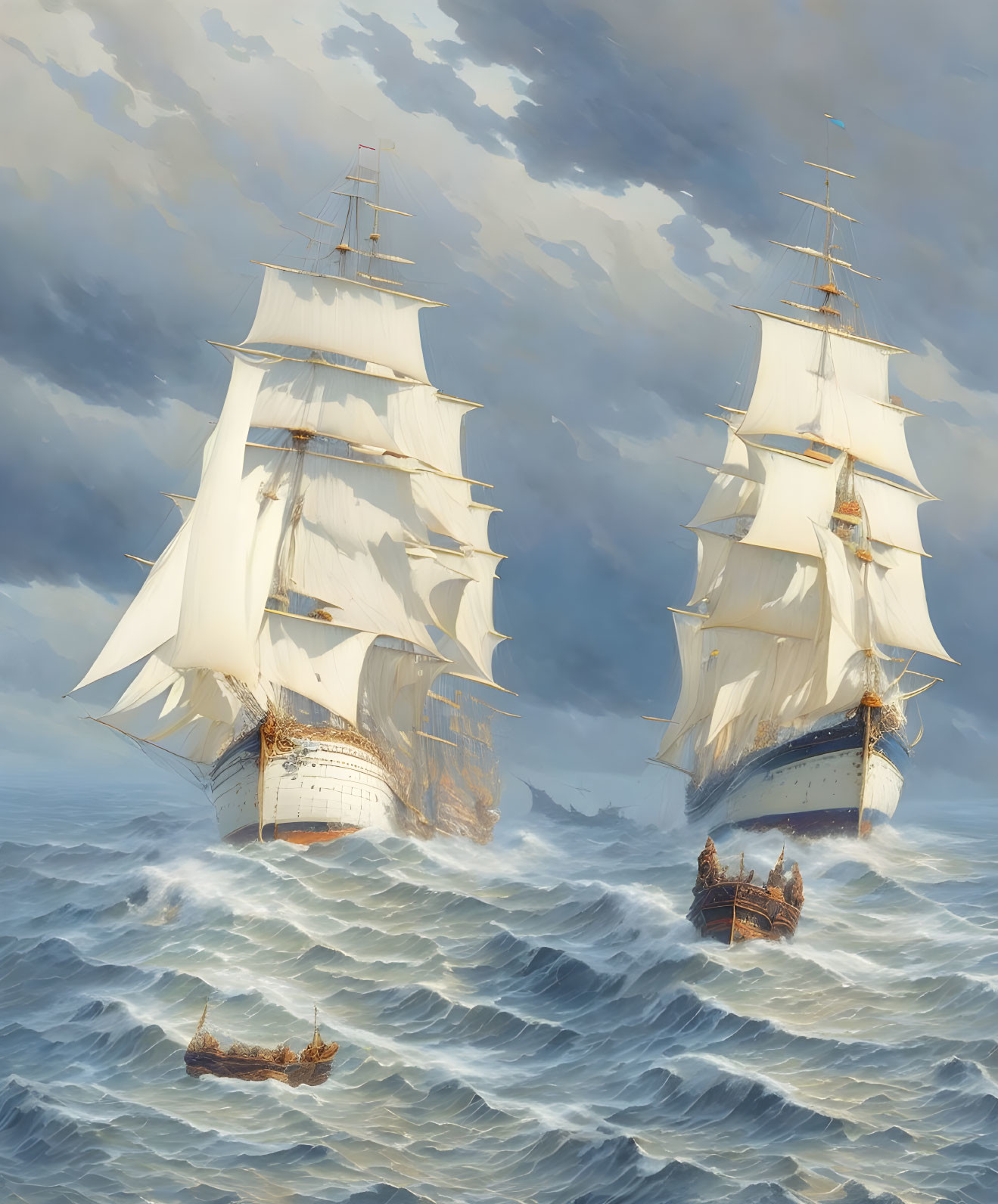 Majestic tall ships with full sails on choppy seas