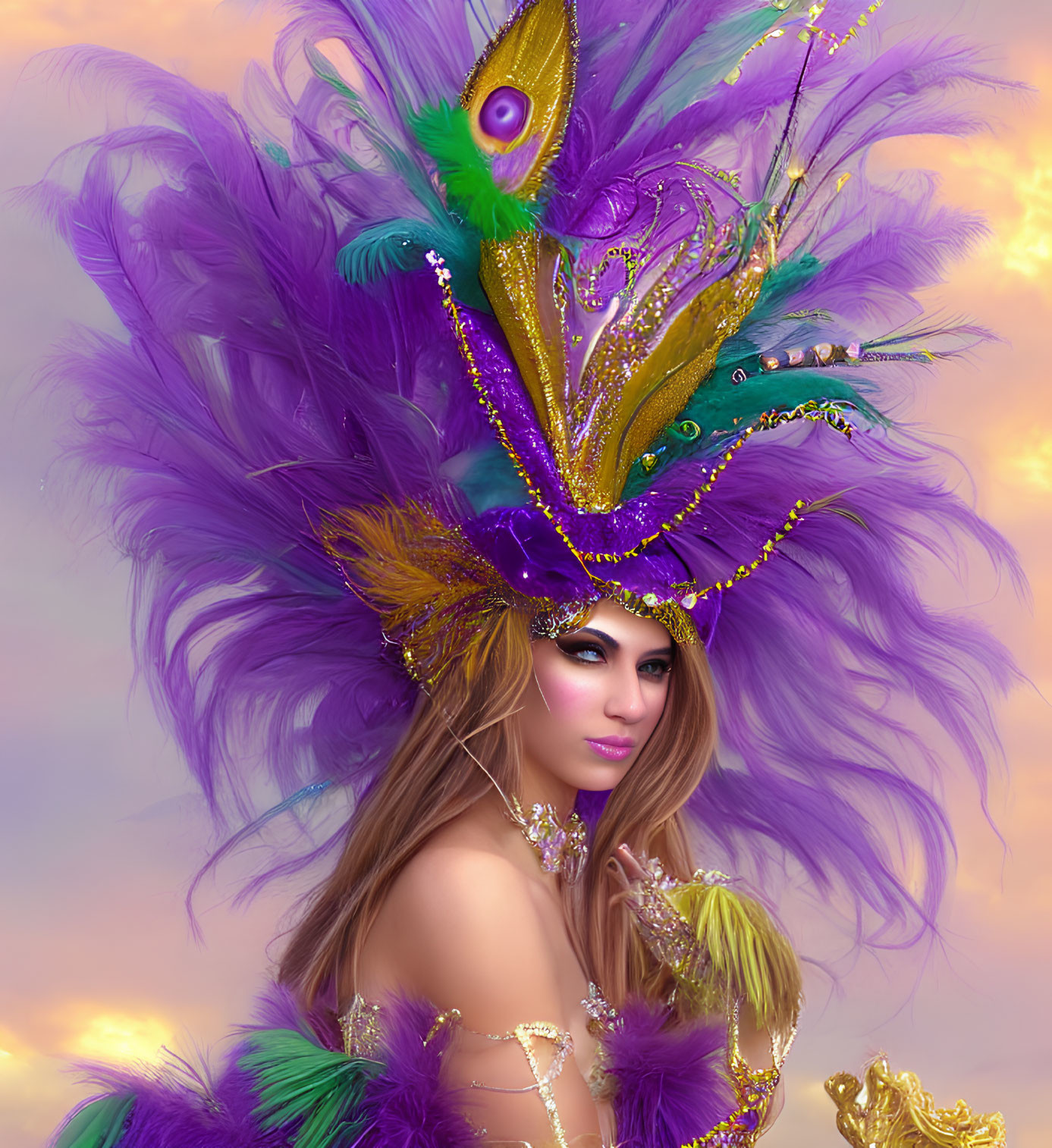 Woman in Luxurious Purple and Green Feathered Headdress and Masquerade Mask