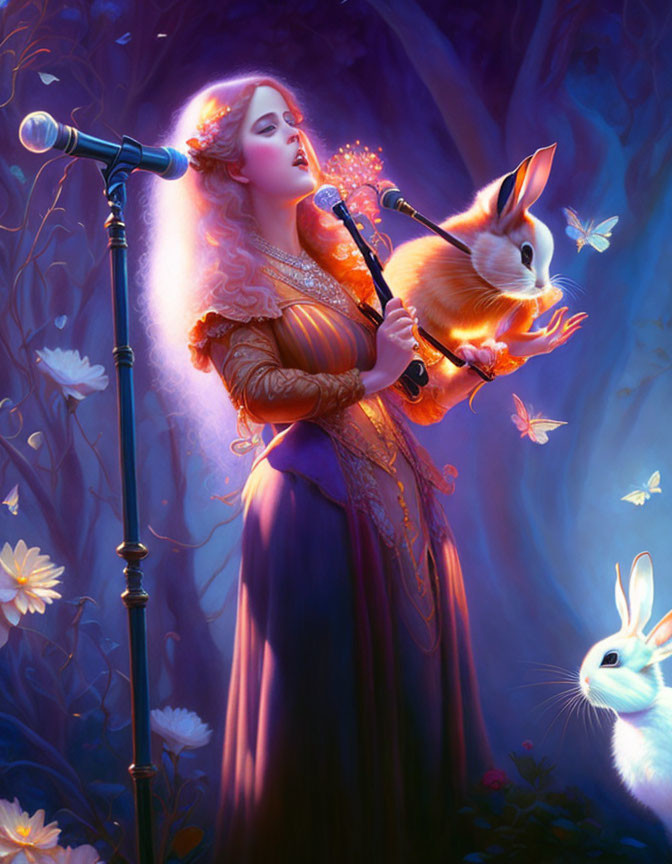 Woman in medieval dress plays flute surrounded by glowing rabbits and butterflies in mystical forest.