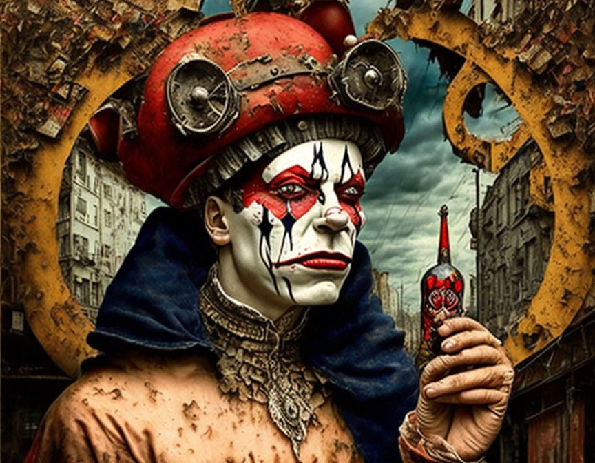 Clown in makeup with soda bottle against grungy gear backdrop