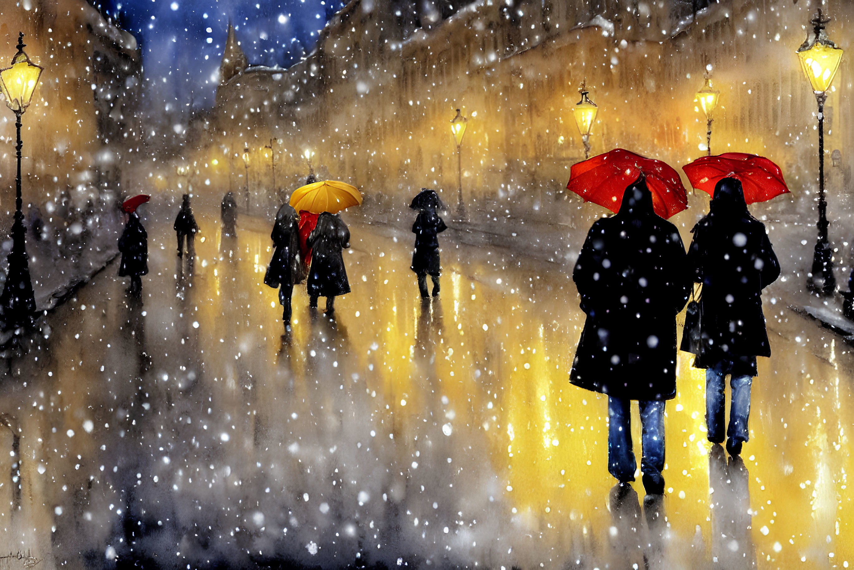 Snowy Night Street Scene: People with Umbrellas Walking under Illuminated Streetlights