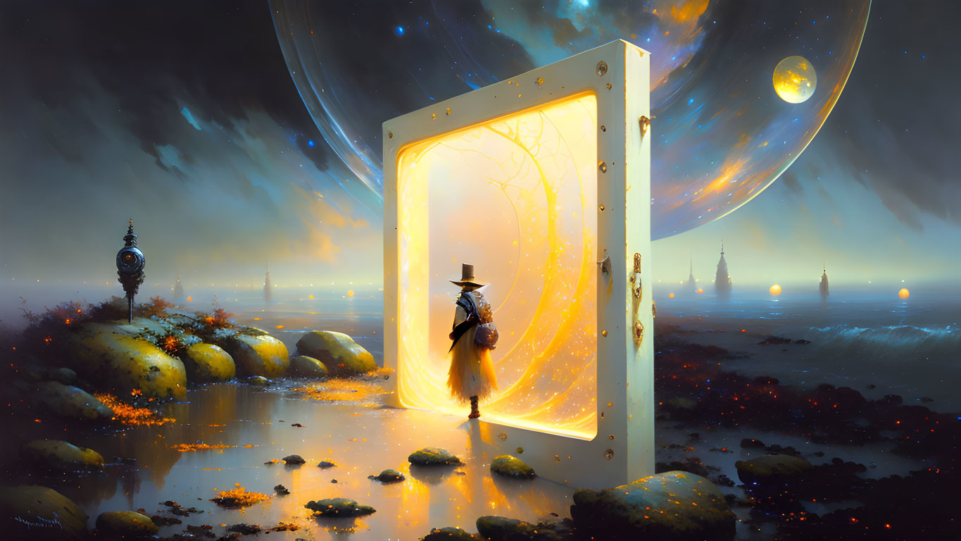 Figure in Hat Stands by Glowing Doorway to Otherworldly Landscape