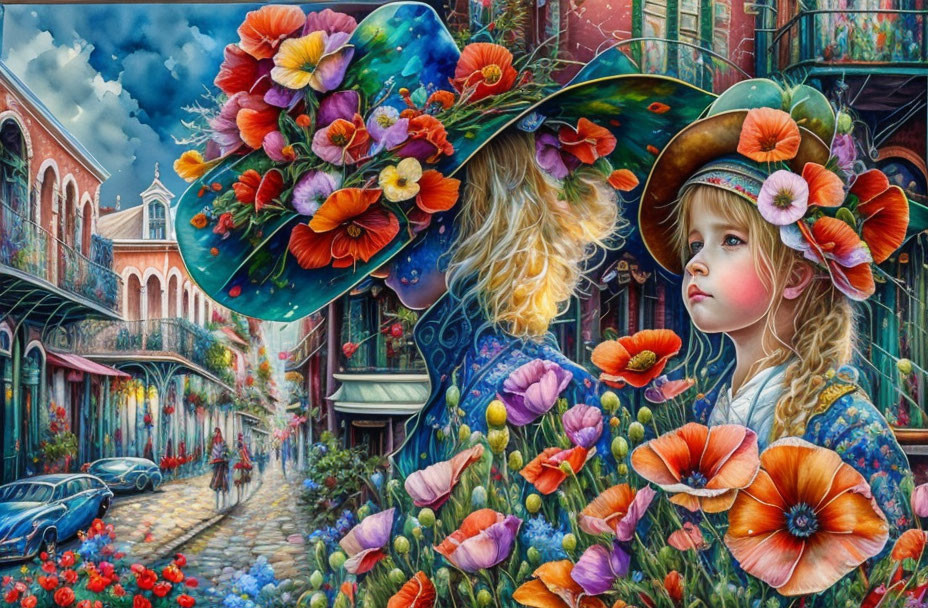 Colorful painting of woman and child in floral hats on charming street with flowers and classic cars under dramatic