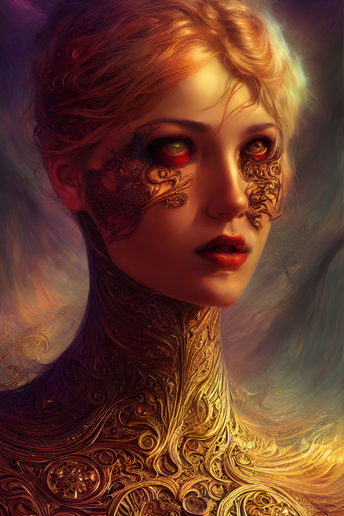 Digital portrait: Woman with golden ornate face and neck tattoos, red eyes, on warm abstract background