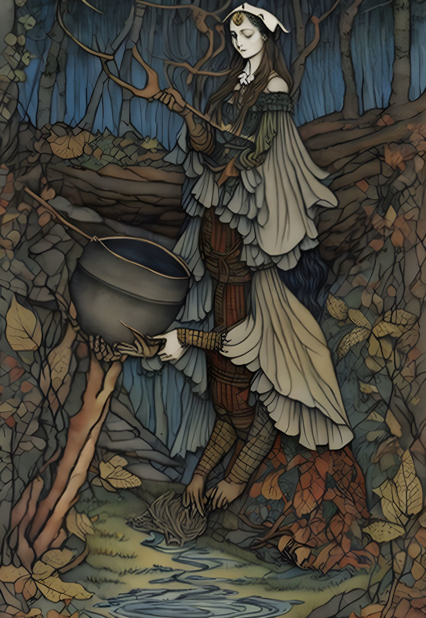 Illustrated woman in medieval attire with cauldron and cat in autumn forest