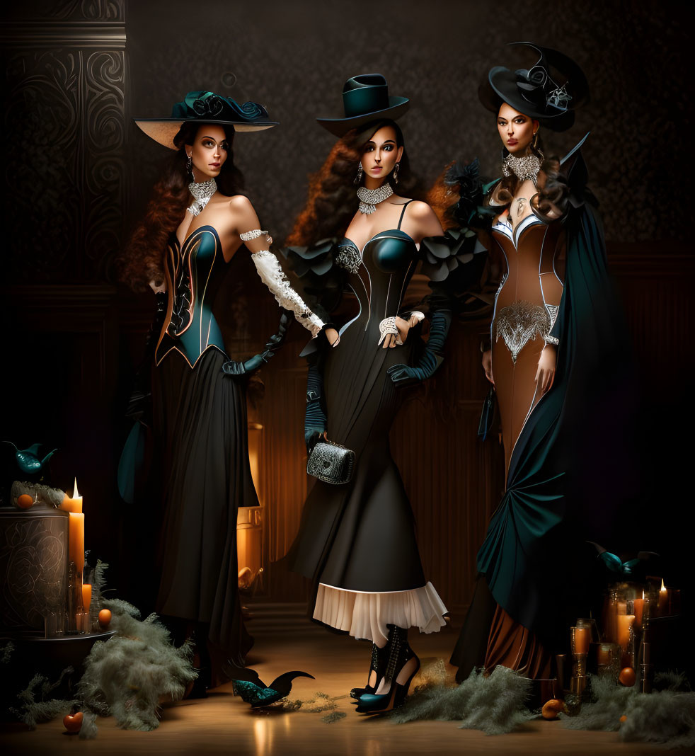 Gothic Victorian women in candle-lit room with pumpkins