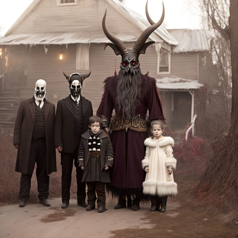 Group in Halloween costumes: Two adults with skull masks, large figure with horns, and two children -