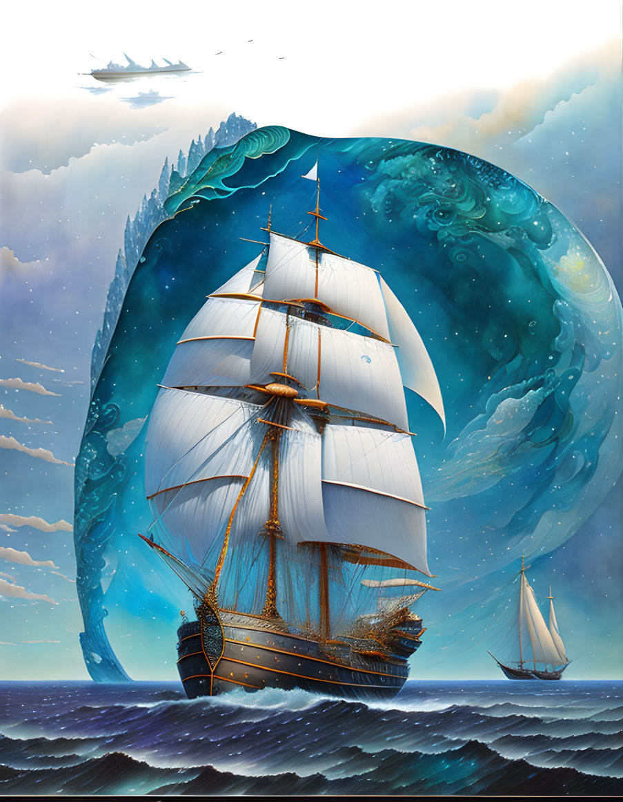 Surreal seascape with tall ships sailing amidst circular wave and cloudy sky