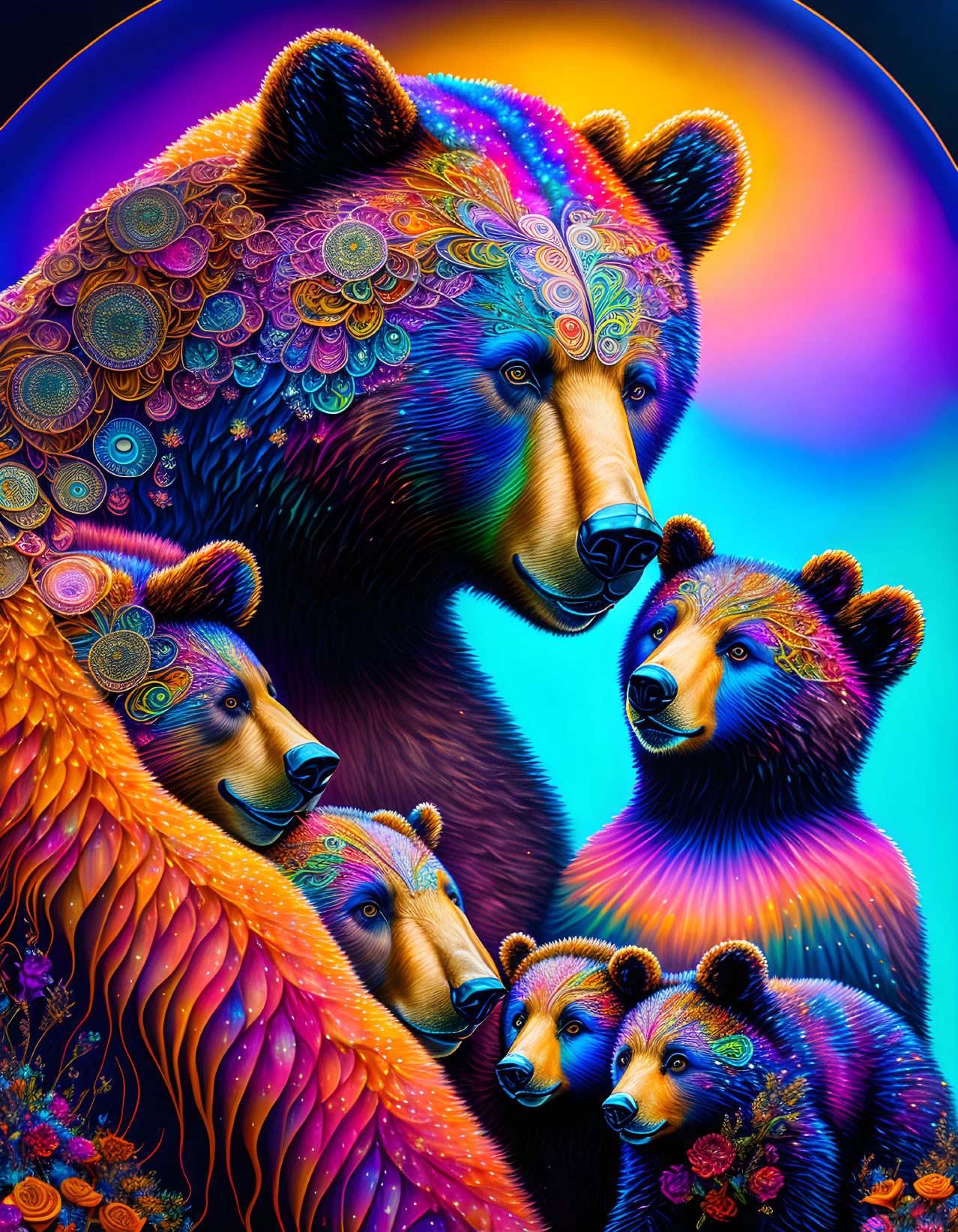 Colorful Psychedelic Bear Artwork on Neon Background