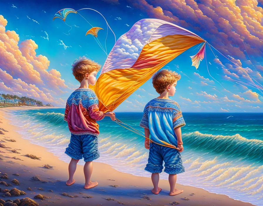 Two boys flying colorful kite on beach with fluffy clouds and crashing waves