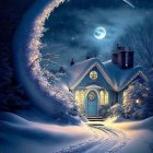 Snowy Landscape with Cozy Cottage and Crescent Moon