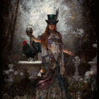 Woman in vintage dress with top hat and rooster in mystical garden setting