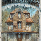 Victorian-style house in wintry setting with bare trees and snow blanket