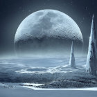 Futuristic spacecrafts landing on alien planet with moon in starry sky