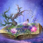 Whimsical illustration of two women reading under a large tree with floating books