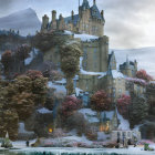 Grey stone castle with pink cherry trees and river under cloudy sky